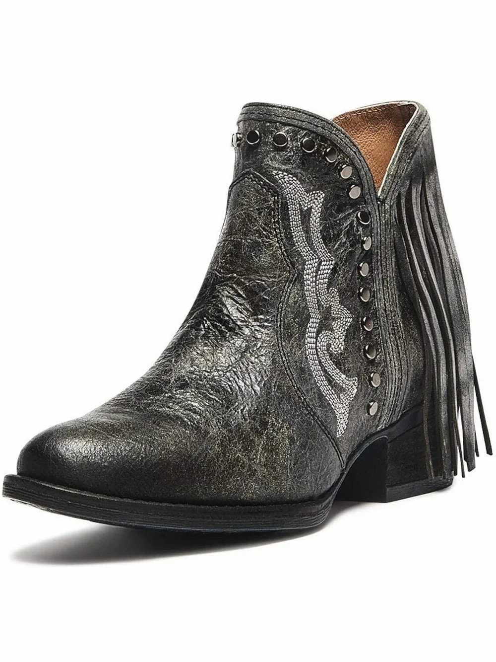 Sterling River Women's Distressed Black with Fringe R-Toe Booties